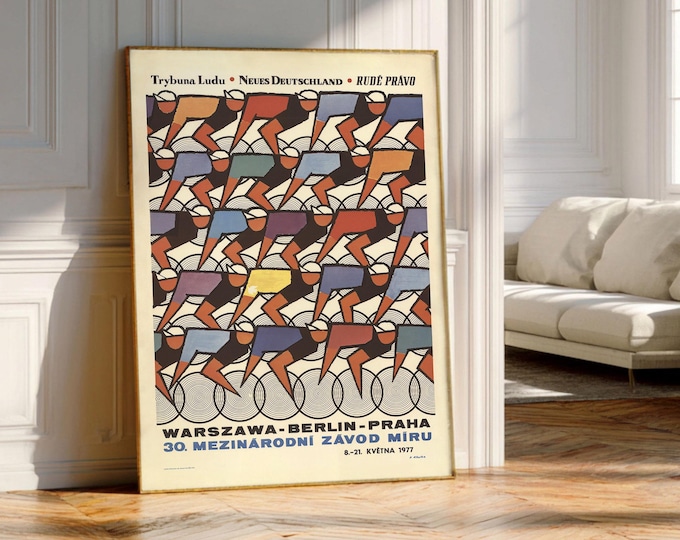 Retro Bike Poster, Peace Race Bicycle Poster, 1970s Print, Czech Vintage Sports Print, Cyclist Gift, Warsaw Berlin Prague Bike Race Art