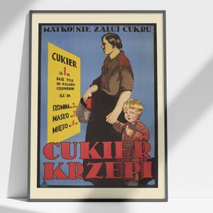 Vintage Polish Food Poster, Sugar Poster, Polish Propaganda Poster Sugar Strengthens, 1930s Health Poster, Polish Art, Retro Kitchen Print