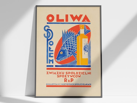 Polish Vintage Poster, Olive Oil Poster, Vintage Print, Fish Print Polish Poster, 1930s Poster, Vintage Food Poster, Polish Art Cooking Gift
