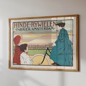 Vintage Bicycle Poster, Amsterdam, Woman Cyclist Family Print, Dutch Bike Poster, Vintage Advert, Cyclist Picture, Cycling Gift, Retro Bike
