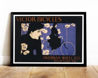 Art Nouveau Vintage Poster, Vintage Bike Poster, Bike Gift, Vintage Advertising, Women Bicycle Poster, Cycling Print, Blue and Black Print
