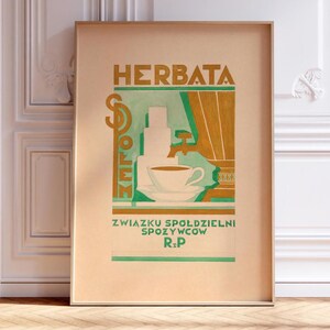 Polish Tea Kitchen Print, 1930s Herbata Spolem Vintage Food Poster, Green and Beige Retro Wall Art