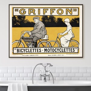 Póster de bicicleta vintage, letrero de tienda de bicicletas, impresión de bicicleta retro, impresión amarilla, pareja de ciclistas, bicicletas Griffon, póster francés, póster de bicicleta, arte de bicicleta