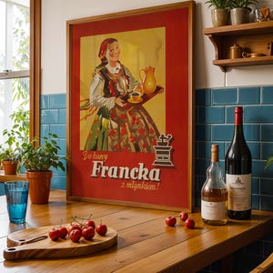 May include: Vintage style poster advertising Francka coffee with a woman in traditional clothing holding a coffee pot and cup. The poster has a red background with gold lettering and is framed in wood.