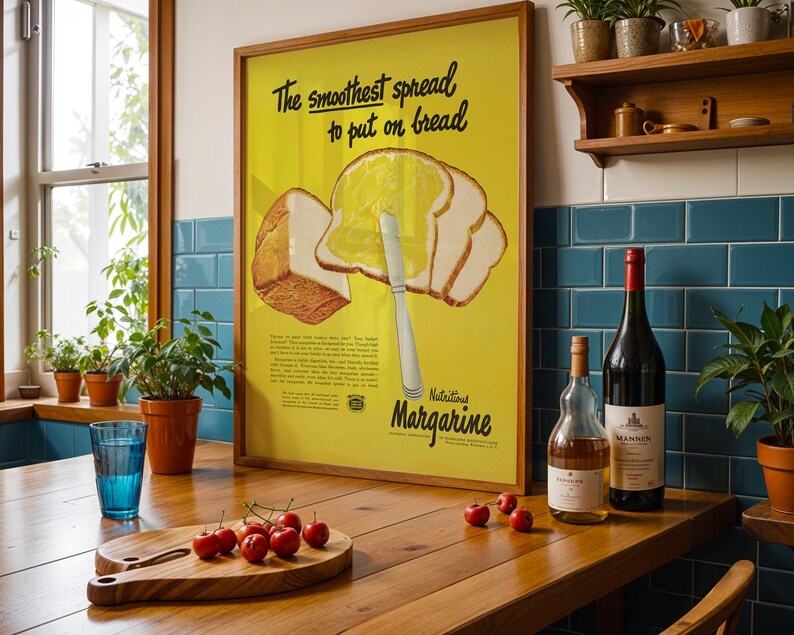 May include: A vintage advertisement for "Nutritious Margarine" featuring a yellow background with the text "The smoothest spread to put on bread."  Two slices of white bread are shown with a knife spreading margarine on one slice.