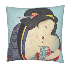 Blue Vintage Japanese Cushion, Geisha with Baby Square Cushion with Pad, Cotton Linen 40x40cm, 16x16 Inches, Japan Mum Gift, Japanese Décor