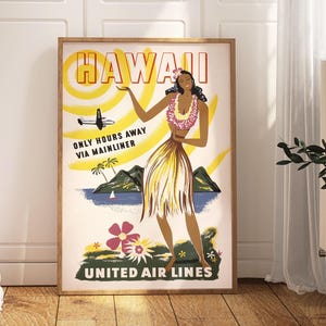 Hawaii Travel Poster, United Airlines Vintage Print, 1950s Retro Travel Poster, Hawaii Hula Girl Holiday Poster, Airline Poster Hawaii Print