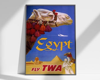 Egypt Vintage Travel Poster for Trans World Airlines, 1960s TWA Poster with Camels, Pyramids and the Sphinx (Digital Download)
