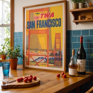 San Francisco Poster, Vintage TWA Travel Poster, 1950s Iconic Print, Golden Gate Bridge Art, Airline Poster, California Retro Travel Poster