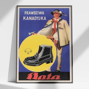 Affiche vintage polonaise pour les bottes Bata canadiennes, impression de chaussures des années 1930, publicité de mode rétro (téléchargement numérique)