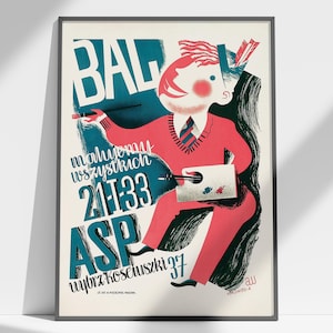 Polish Vintage Dance Poster, Ballroom Print ‘We Paint Everyone’, 1930s Poster, Artist Print, Polish Art, Polish Gift, Blue and Red Print