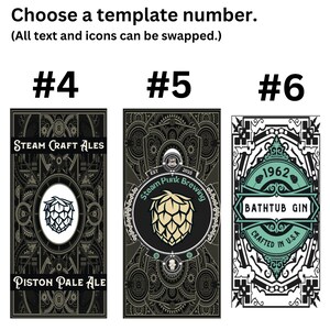 Three customizable templates for a personalized beer tap handle. #4: gears, hop cone, 'Steam Craft Ales,' 'Piston Pale Ale.' #5: gears, hop cone, 'Steam Punk Brewing.' #6: ornate border, 'Bathtub Gin.'