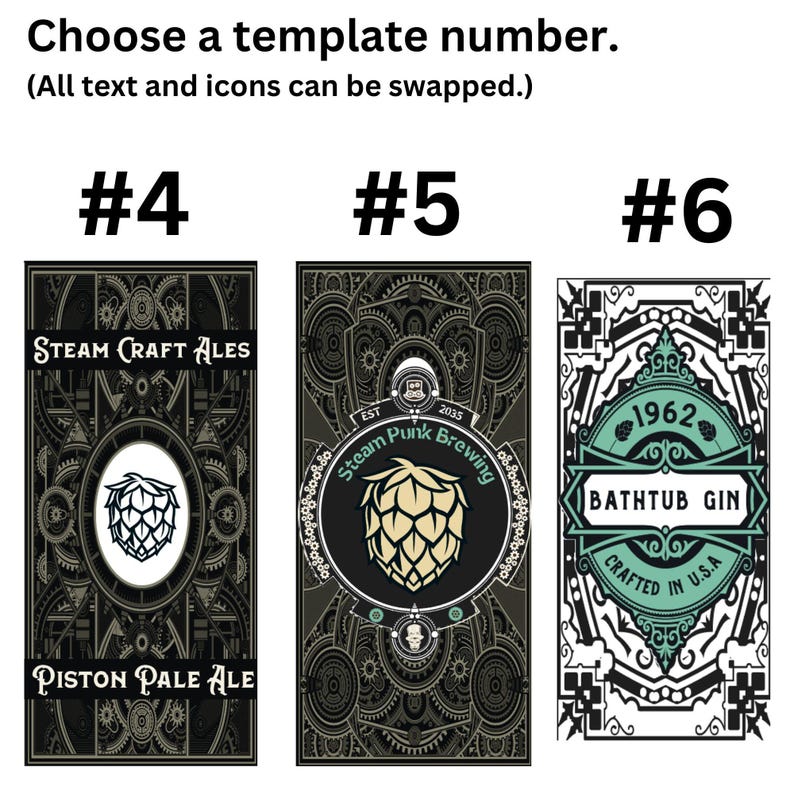Three customizable templates for a personalized beer tap handle. #4: gears, hop cone, 'Steam Craft Ales,' 'Piston Pale Ale.' #5: gears, hop cone, 'Steam Punk Brewing.' #6: ornate border, 'Bathtub Gin.'