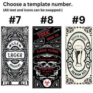 Three personalized beer tap handle design templates: #7 ornate black and white, #8 "Toxic Brew Co." red on black, #9 "Bathtub Brewed" cream and teal.