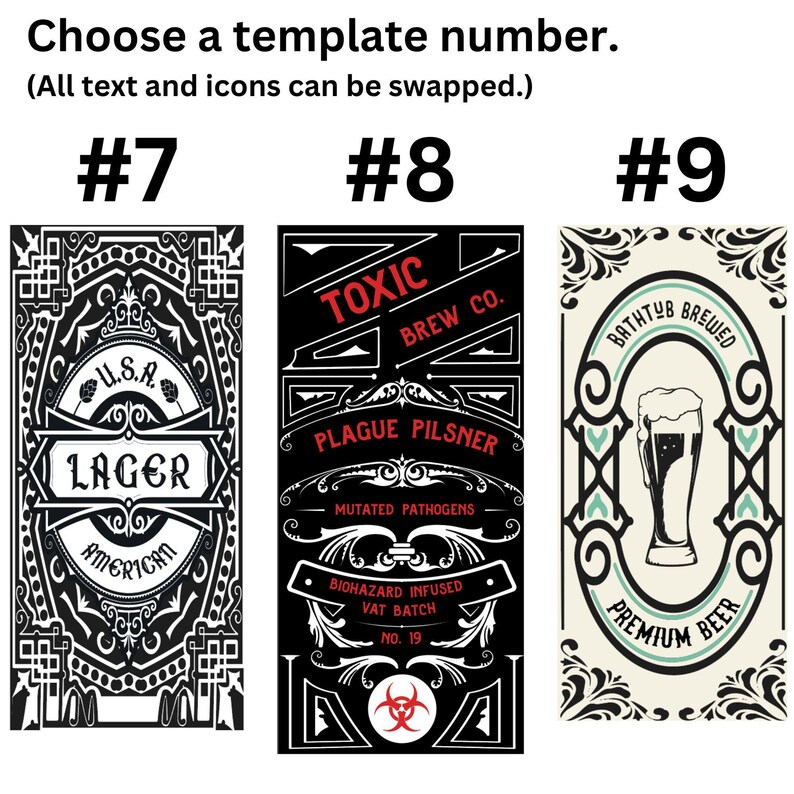 Three personalized beer tap handle design templates: #7 ornate black and white, #8 "Toxic Brew Co." red on black, #9 "Bathtub Brewed" cream and teal.