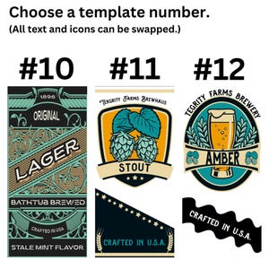 Three personalized beer tap templates: template 10 is a green rectangular craft beer design with 'LAGER', template 11 is 'STOUT' written on a hops shield, and template 12 is an 'AMBER' ale design with a beer glass icon.