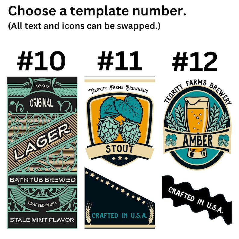 Three personalized beer tap templates: template 10 is a green rectangular craft beer design with 'LAGER', template 11 is 'STOUT' written on a hops shield, and template 12 is an 'AMBER' ale design with a beer glass icon.