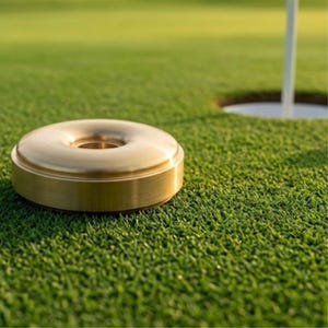Puede incluir: Un objeto circular de metal dorado con un acabado cepillado suave y un orificio central, con forma de anillo plano o disco. El objeto descansa sobre una superficie verde texturizada cerca de un hoyo de golf con un asta de bandera blanca.