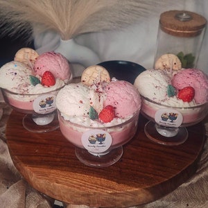 Ice cream sundae dessert candle gift idea birthday wedding ice cream candle handmade soy wax candles coconut cup chocolate cup strawberry cup