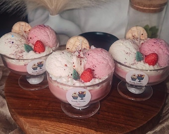 Ice cream sundae dessert candle gift idea birthday wedding ice cream candle handmade soy wax candles coconut cup chocolate cup strawberry cup