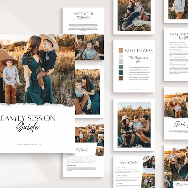 Guide des séances familiales de photographie CANVA | Paquet de bienvenue client | Guide de style Photographie | Modèle de guide de session | Modèle de FAQ | Accueillir