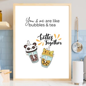 Bubble tea poster of cat and panda in love | printable poster couple gift and cozy apartment decoration