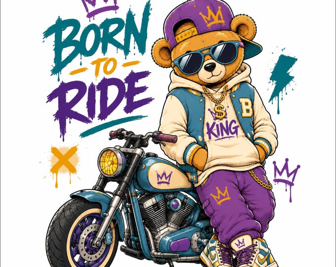 Born to Ride Bear PNG Design | Motorcycle Teddy Bear PNG | Biker Bear Artwork | Purple Streetwear Bear Graphic | Cool Motorcycle Bear