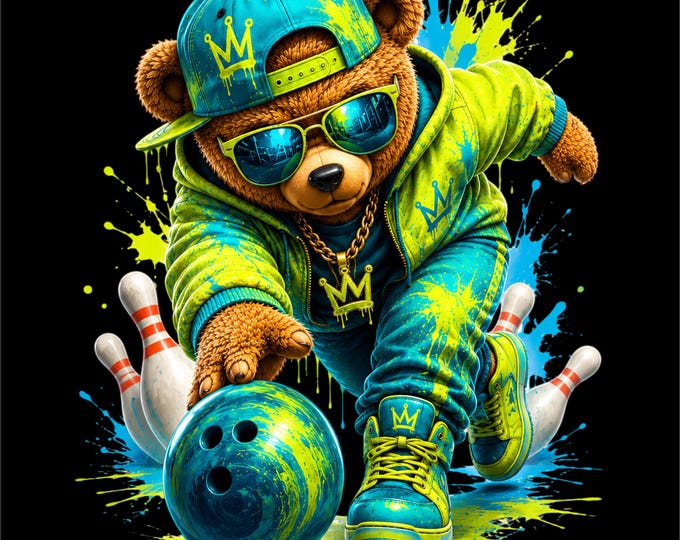 Bowling Teddy Bear PNG | Bowling King Bear Design | Neon Streetwear Bowling Graphic | Colorful Sports Bear Art | DTF DTG Print File