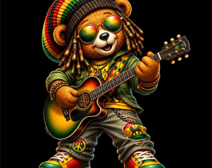 Reggae Bear PNG Design | Rasta Teddy Bear with Guitar | Rastafarian Bear Artwork | Colorful Music Bear PNG | Hippie Bear Design |