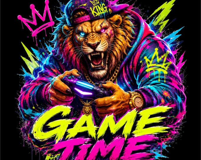 Game Time Lion PNG | Neon Gamer Lion Design | Streetwear Gaming Graphic | King Gamer Art | Esports T-Shirt Design | DTF DTG Print File