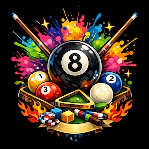Puede incluir: Ilustración vibrante de equipo de billar. Una bola negra con el número 8 está centrada, flanqueada por dos tacos de billar. Salpicaduras de pintura coloridas rodean las bolas, incluyendo una bola 1, una bola 2 y una bola 3. Un triángulo, fichas y otros accesorios también están presentes.