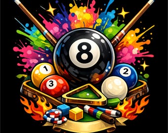 8 Ball Pool PNG | Color Splash Billiards Design | Pool Player T-Shirt Graphic | Cue Sports Art | Sublimation PNG | Instant Download