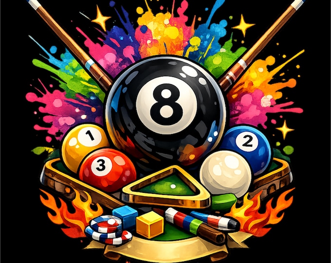 8 Ball Pool PNG | Color Splash Billiards Design | Pool Player T-Shirt Graphic | Cue Sports Art | Sublimation PNG | Instant Download