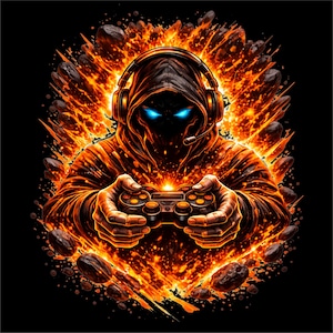 PNG de jugador de fuego / Diseño de jugador con capucha / Gráfico de mando de videojuegos / PNG de camiseta de jugador / Gráfico de jugador de esports / Archivo de impresión DTF DTG