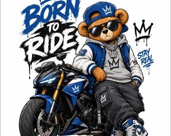 Desenho PNG de Urso "Nascido para Pilotar" | Urso de Pelúcia Motociclista PNG | Arte de Urso Motociclista | Gráfico de Urso Motociclista Descolado | Urso Urbano com Estilo Streetwear |