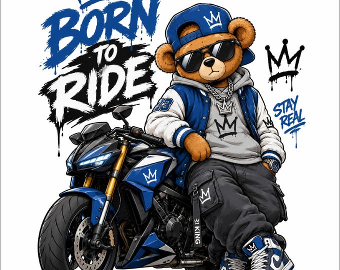 Born to Ride Bear PNG Design | Motorcycle Teddy Bear PNG | Biker Bear Artwork | Cool Motorcycle Bear Graphic | Urban Streetwear Bear |