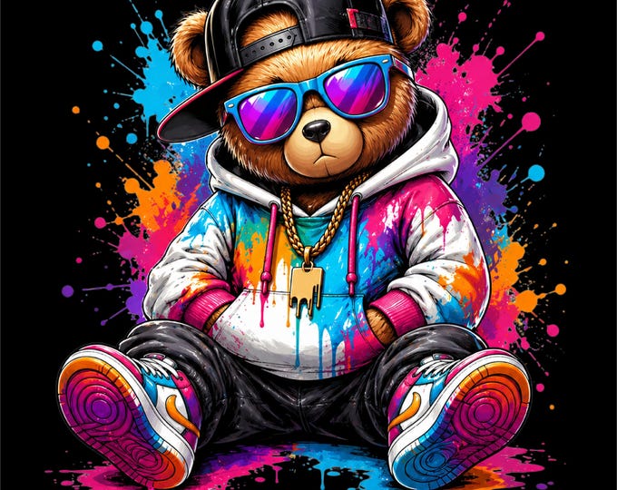 Streetwear Teddy Bear PNG | Urban Bear Graphic | Graffiti Teddy Design | Color Splash Bear Art | DTF DTG Print File