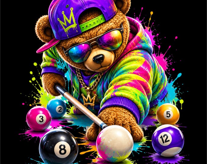 Billiard Teddy Bear PNG | Pool Player Bear Design | Neon Streetwear Pool Art | Colorful Billiards Graphic | DTF DTG Print File