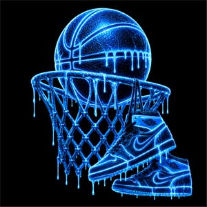 May include: A basketball and a basketball hoop with a net, accompanied by two high-top sneakers, all rendered in a glowing neon blue outline against a black background, featuring a dripping liquid effect on all elements of the composition.