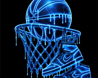 Balón de baloncesto neón azul PNG / Diseño de aro de baloncesto brillante / Gráfico deportivo eléctrico / Ilustración para amantes del baloncesto / Zapatillas de streetwear PNG /