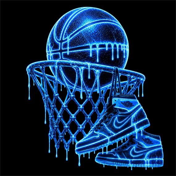 Blue Neon Basketball PNG | Glowing Basketball Hoop Design | Electric Sports Graphic | Basketball Lover Artwork | Streetwear Sneaker PNG |