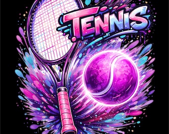 Tennis PNG | Tennis Racket Illustration | Neon Tennis Ball Design | Tennis Player Shirt Graphic | DTF DTG Print File