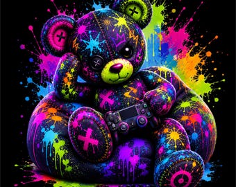 Diseño PNG de oso gamer / Ilustración de oso de peluche gamer colorido / Gráfico de gamer neón / Oso con mando de videojuegos PNG / Diseño para amantes de los videojuegos
