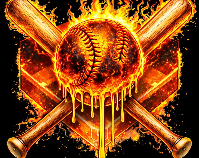 Baseball Fire PNG | Flaming Baseball Design | Crossed Bats Illustration | Sports Streetwear Graphic | DTF DTG Print File