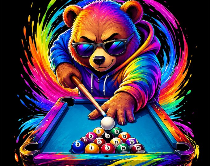 Pool Bear PNG | Neon Billiards Design | Colorful Pool Player Graphic | Urban Streetwear Bear Art | DTF DTG Print File