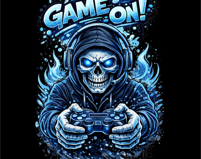 Gaming Skull PNG | Game On Gamer Design | Neon Blue Gaming Art | Gamer Streetwear Graphic | DTF DTG Print File