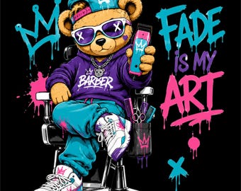 Barber Bear PNG Design | Fresh Fade Is My Art Teddy Bear | Barber Shop Bear Graphic | Urban Hip Hop Barber Artwork | Graffiti Style PNG |