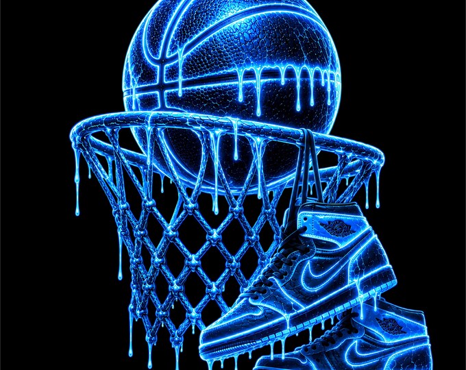 Blue Neon Basketball PNG | Ice Basketball Design | Glowing Hoop Artwork | Basketball Lover Graphic | Sports Streetwear PNG |