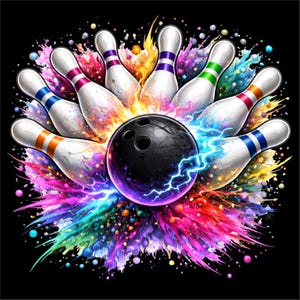 May include: A colourful illustration of a bowling scene. A black bowling ball is surrounded by white bowling pins with colourful stripes. The image features a burst of colourful paint and lightning effects against a black background.
