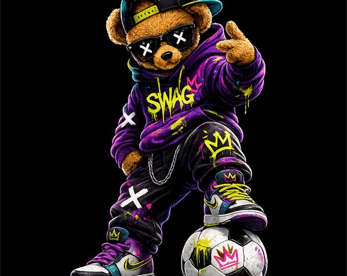 Streetwear Bear PNG | Urban Soccer Teddy Design | Swag Bear Graphic | Graffiti Animal Art | DTF DTG Print File